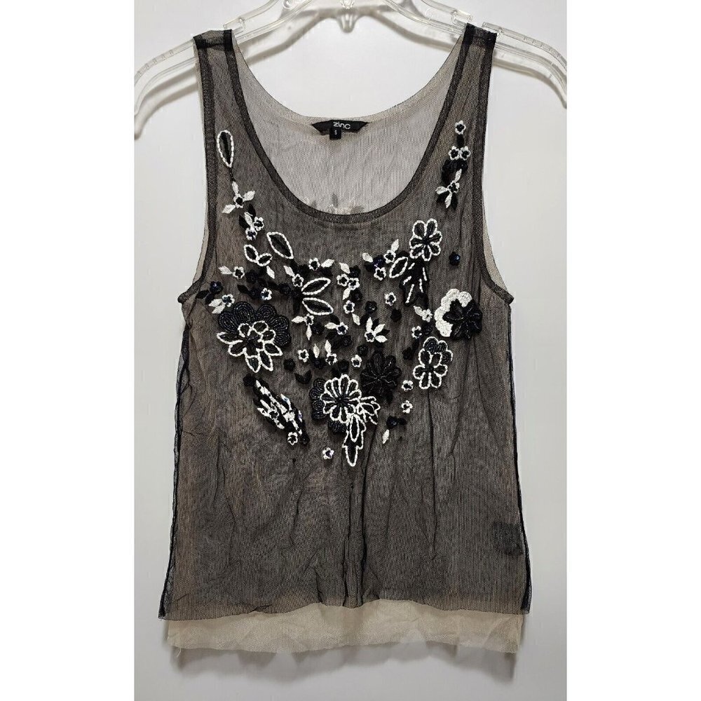 ZINC Black & Cream Mesh Tank Top Size S With Floral Bead Design On Front & Back